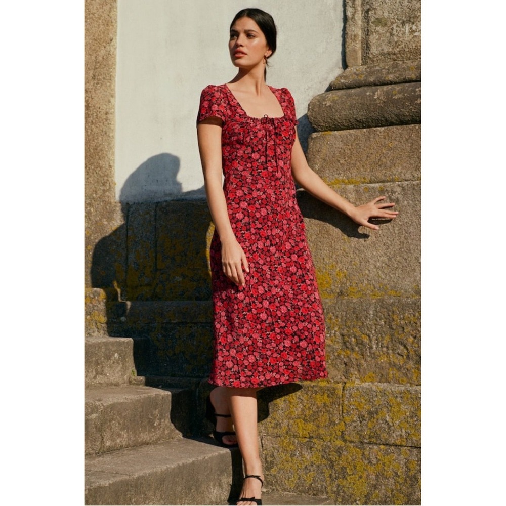 Rouje Ines Dress Rosier Rouge Midi Size FR 36 US 4 Small Pink Floral